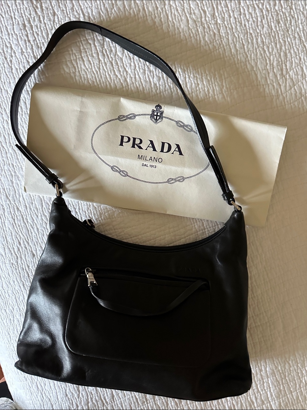 Prada Black Leather Shoulder Bag with Front Zip Pocket